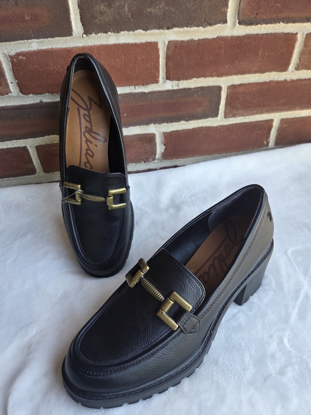 Zodiac Black Faux-Leather Lug Sole Loafers with Gold Buckle - Picture 2 of 12